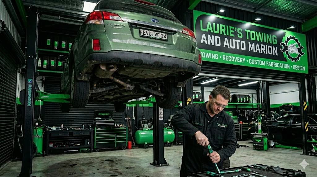 Vehicle being serviced in an automotive repair shop