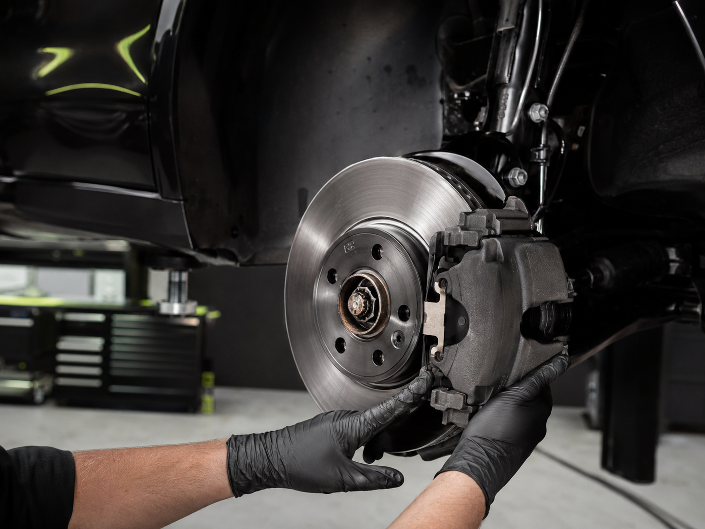 Mechanic inspecting a vehicle brake assembly
