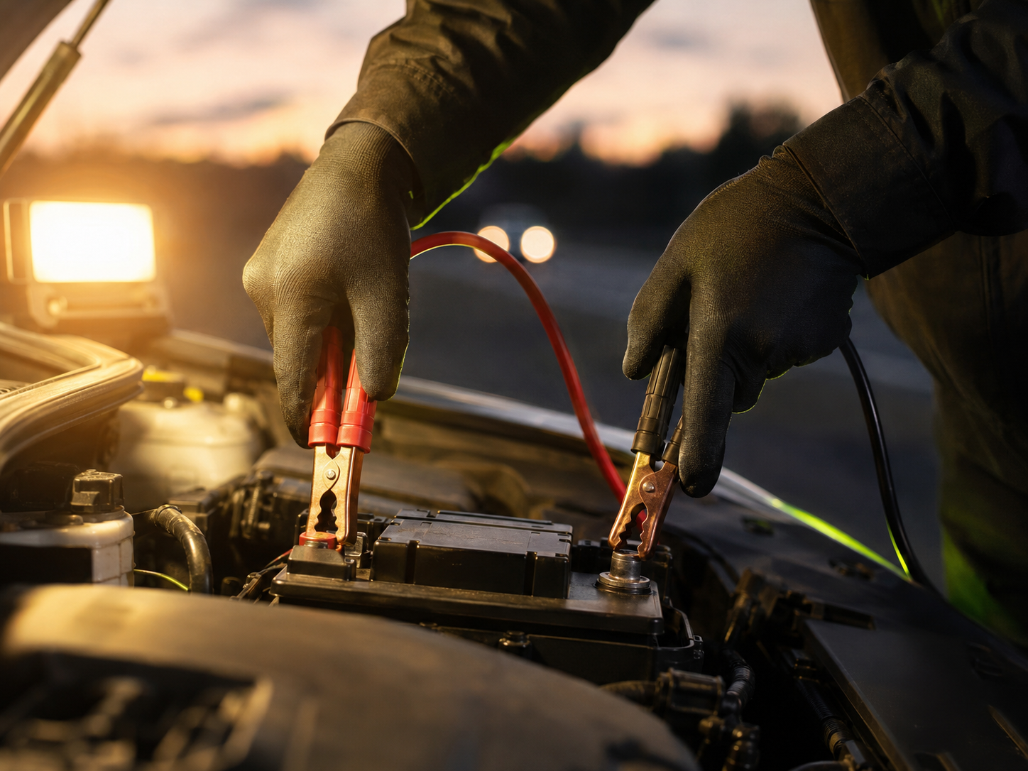 Technician connecting jumper cables during roadside assistance