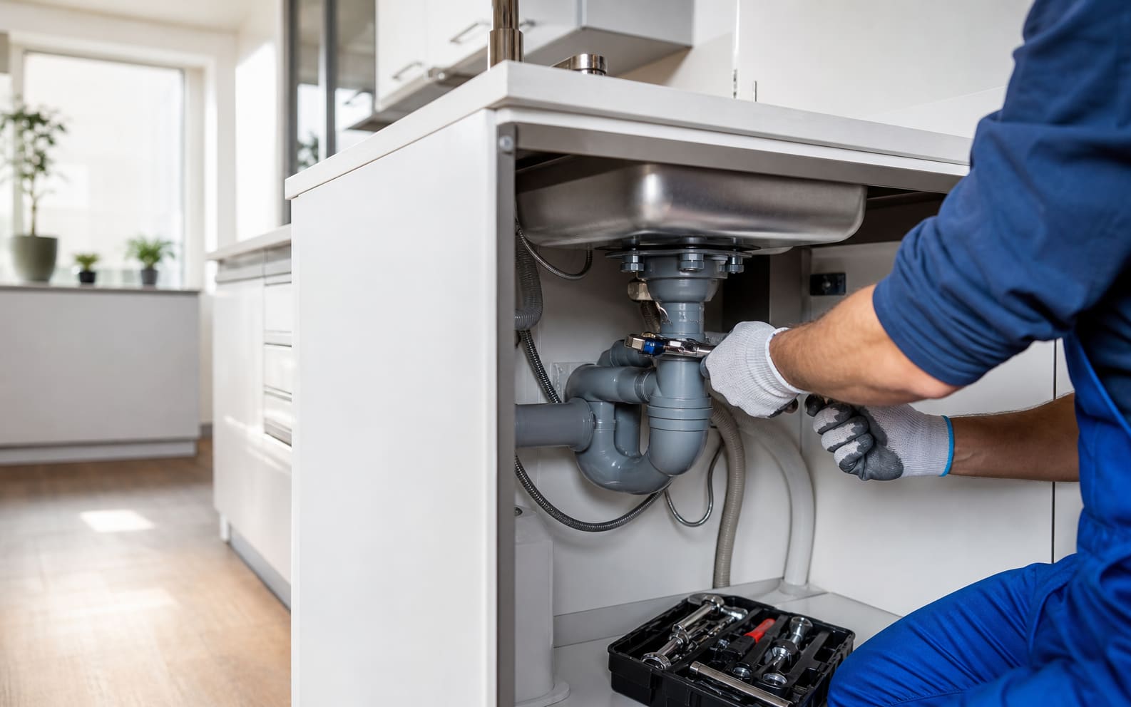 Professional residential plumbing work under a kitchen sink