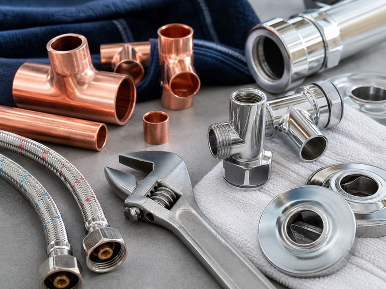 Clean plumbing tools and fittings arranged for residential service work
