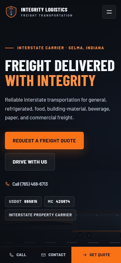 Mobile screenshot of the Integrity Logistics homepage concept.