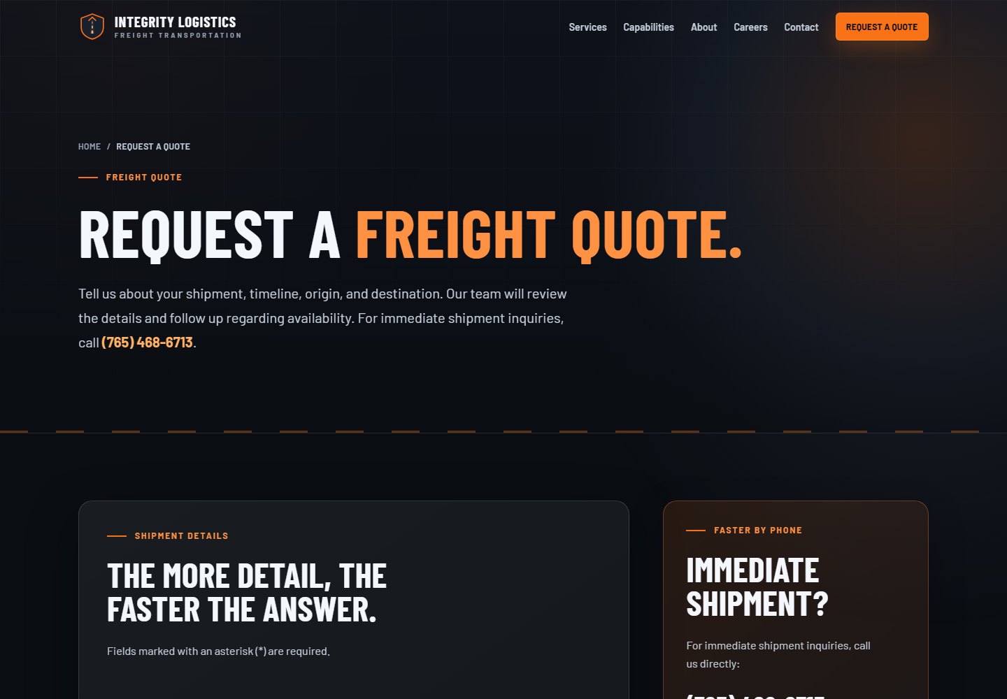 Integrity Logistics quote-request form with shipment, refrigerated, and recurring-shipment fields.