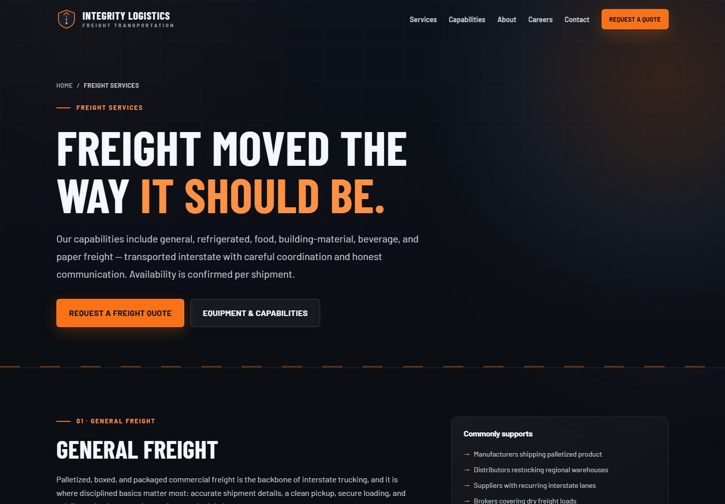 Integrity Logistics freight services page showing freight categories and commercial shipper content.