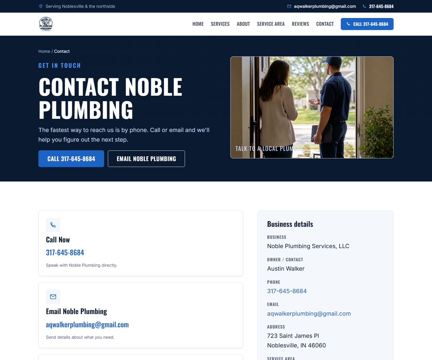 Noble Plumbing contact page with polished contact information, side image, and contact form.