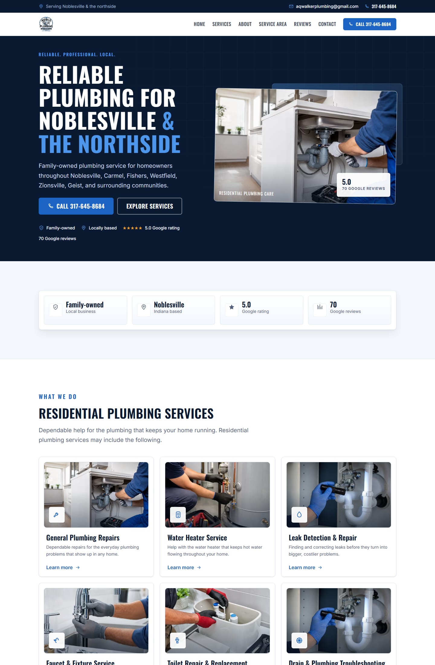 Long desktop screenshot of the Noble Plumbing homepage showing service cards, about preview, reviews, process, and call-to-action sections.