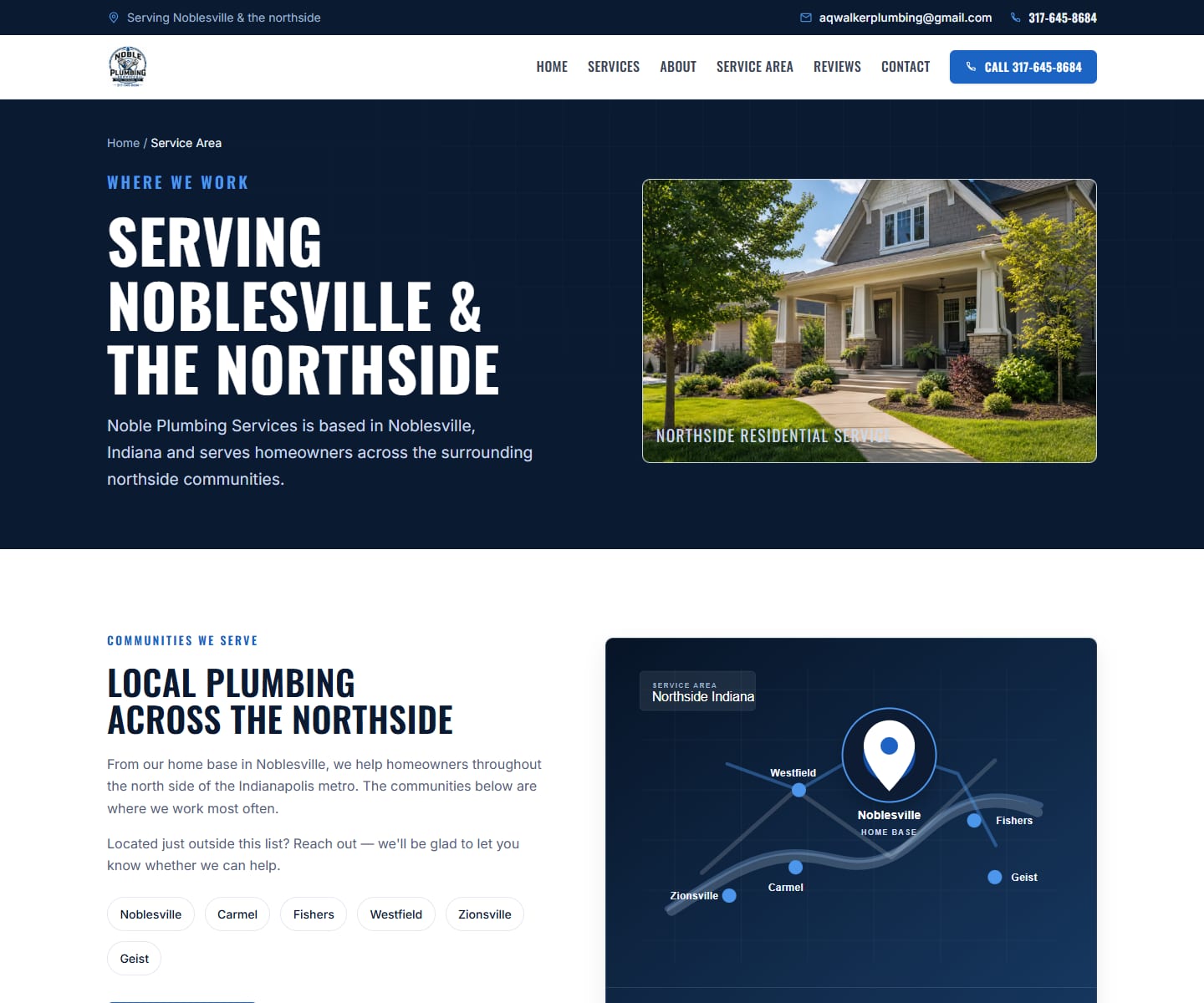 Noble Plumbing service-area page with an original northside Indianapolis map treatment.