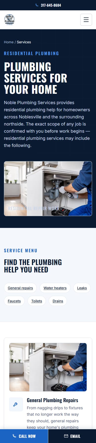 Mobile screenshot of the Noble Plumbing services page.