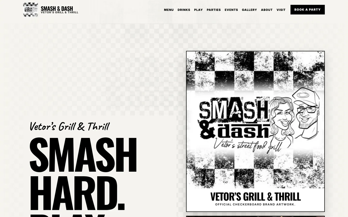 Smash & Dash homepage with bold monochrome hero and checkerboard brand artwork.