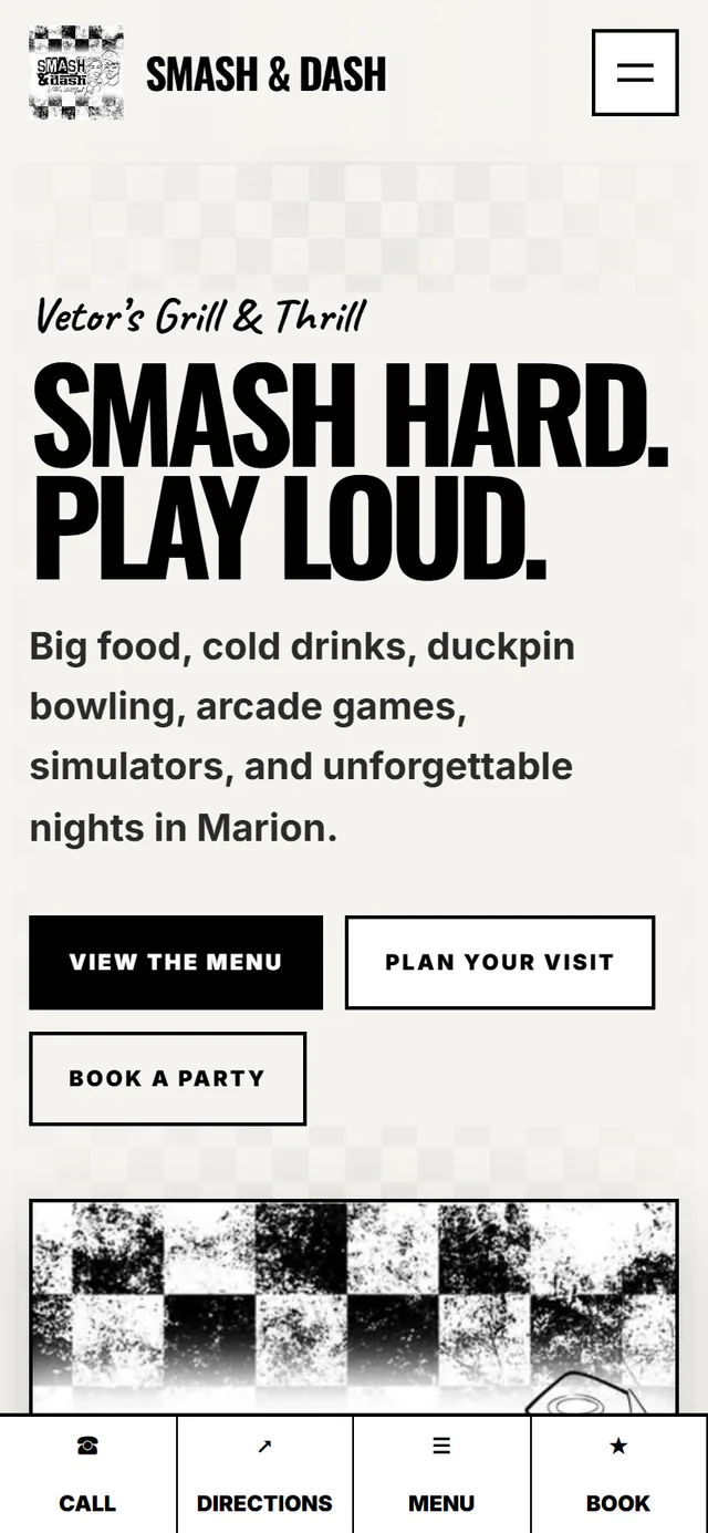 Smash & Dash mobile homepage with sticky quick actions.