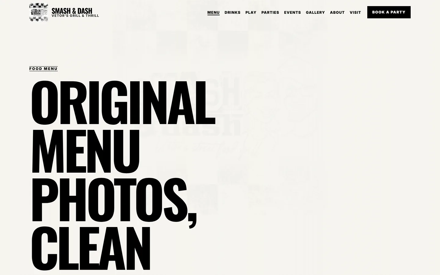 Smash & Dash digital menu page with category navigation and search.